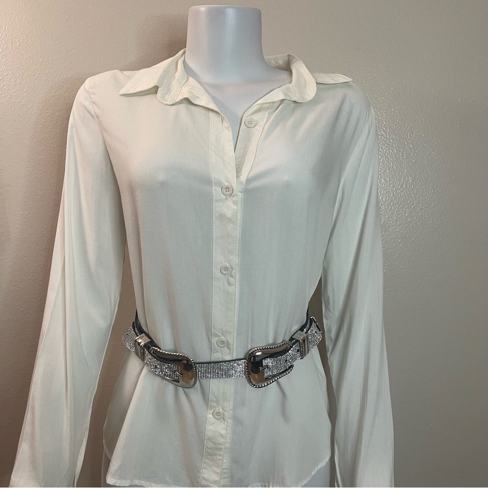 Silver tone double buckle skinny belt with rhinestones details - Picture 3 of 9